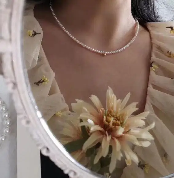 

New Fashion Pearl Necklace White 3-4mm Potato Genuine Freshwater Pearls Gold Beads Choker Necklace Wedding Birthday Lady Gift