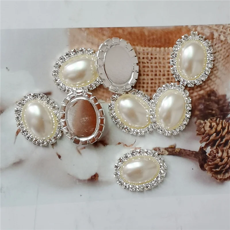 5PCS Oval Pearl Rhinestone Cabochons Silver Color Alloy Base Flatback Jewelry Making Findings Shoe Charm Phone Case Decor