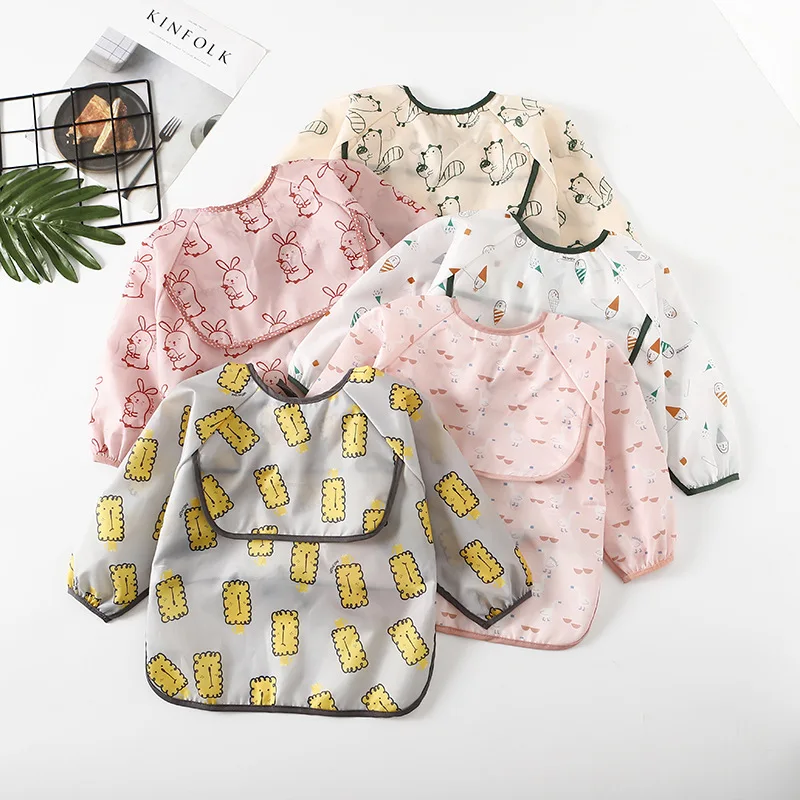 Baby Waterproof Bibs Long Sleeve Pocket Infant Cute Colorful Cartoon Printing Feeding Burp Cloths Baby Eating Accessories