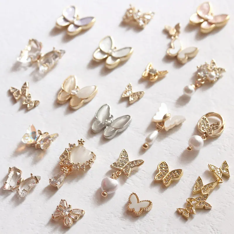 10pcs/lot 3D Opal Butterfly Alloy Nail Art Zircon Pearl Crystal Metal Manicure DIY Nails Accesorios Supplies Decorations Charms