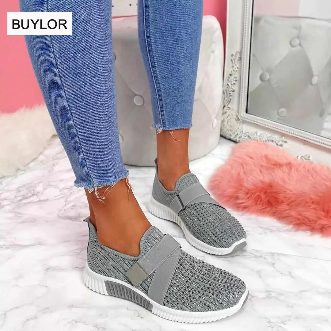 Modne buty damskie płaskie miękkie dno Mesh oddychające codzienne tenisówki Rhinestone pojedyncze buty duże rozmiary damskie obuwie sportowe