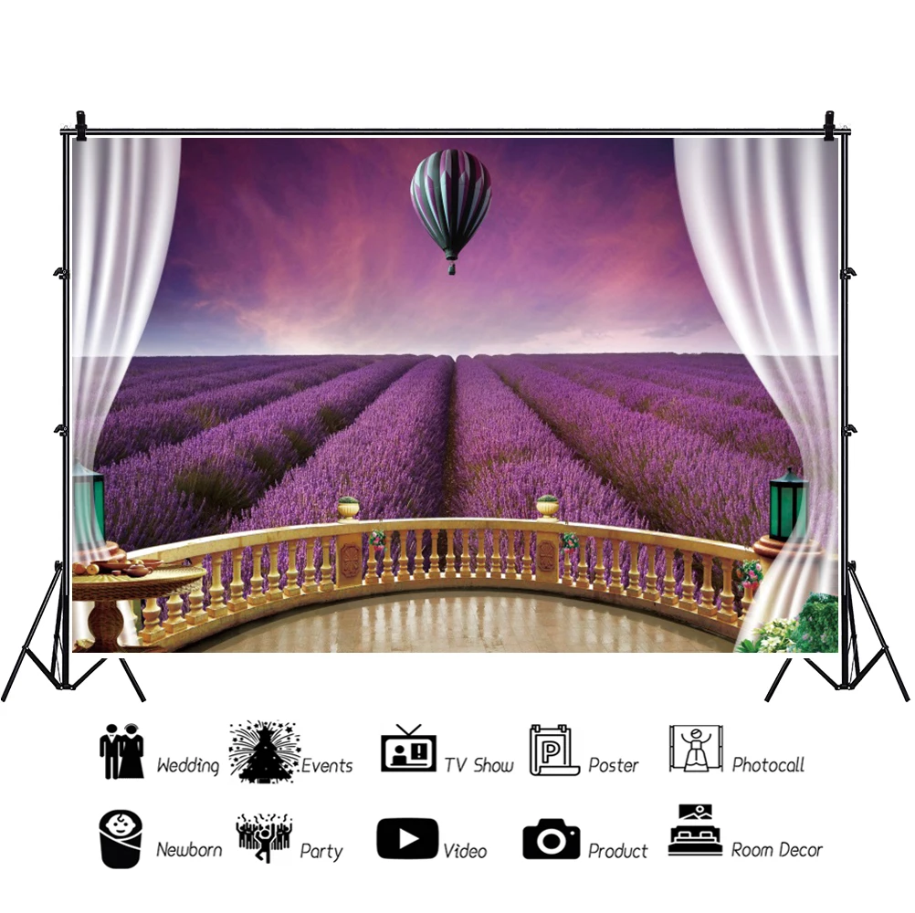 Spring Lavender Flower Garden Scenic Photo Backdrop Hot Air Balloon Party Photography Background Photophone Photo Studio