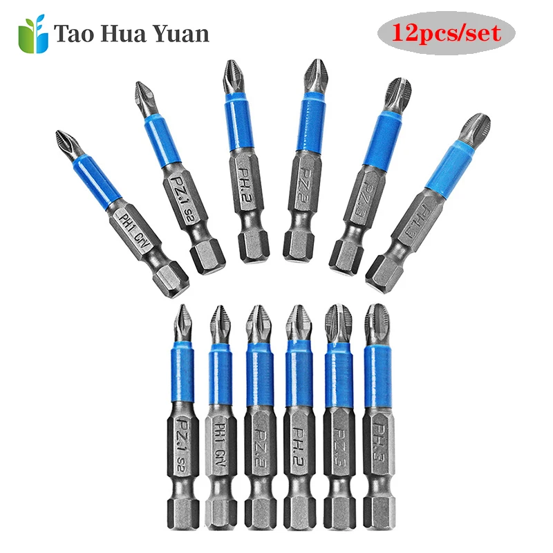 12pcs/set Gcr15 Phillips Bits Hex Shanked Anti Slip Screwdriver Bits Magnetic Single Head PH1 PZ1 PH2 PZ2 PH3 PZ3 50mm Length AA