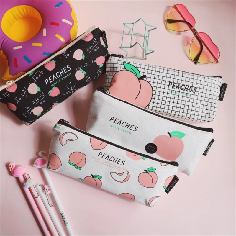 1 Pieces Kawaii Peach Pen Pencil Case Bag Canvas School Stationary Receive Black Tools Makeup Pouch Cosmetics Case School office