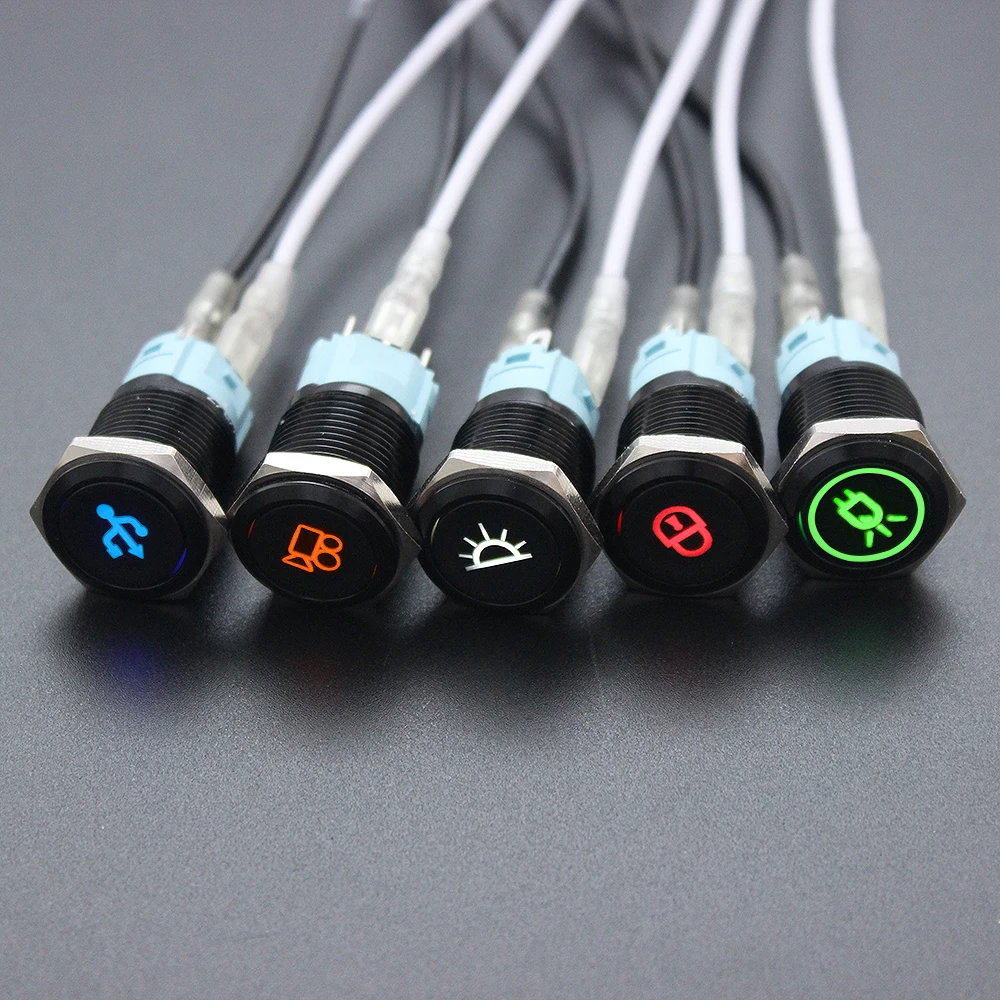 16mm Customizable Alumina Momentary Metal Led Logo Light Fixed Button Switch Car PC Speaker Horn Symbols Button Switch 1NO 1NC