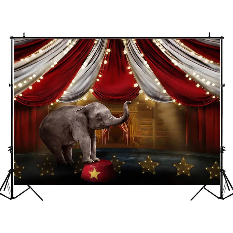 Mocsicka-Fondo de circo con elefante, fiesta de cumpleaños, estudio de fotografía, tienda de campaña a rayas rojas y blancas, fondo fotográfico, pastel de bebé