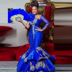 Plus Size Caftan Evening Dresses Formal Dress Full Sleeves Dubai Saudi Arabic Embroidery Mermaid Royal Blue Prom Gowns Applique