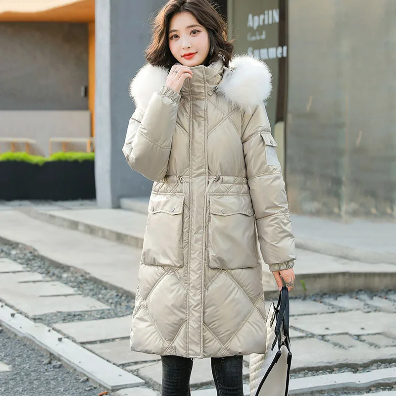 

New Fashion Womens Korean Long Quilted Cotton Jacket Winter No Wash Glossy Down Cotton Jacket Hooded Fur Collar Parka Overcoat