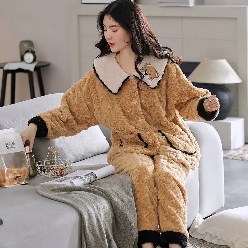 Winter Thick Warm Women Flannel Pajamas Set Cartoon Long Sleeve Turn-down Collar XXL Female Nighty Homewear