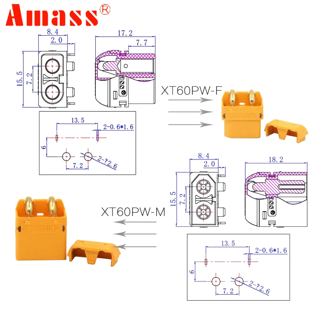 2pair Amass XT60PW XT60-PW Gold Banana Bullet Male Female Connectors Plug For RC Lipo Battery PCB Board RC Car Truck DIY Part