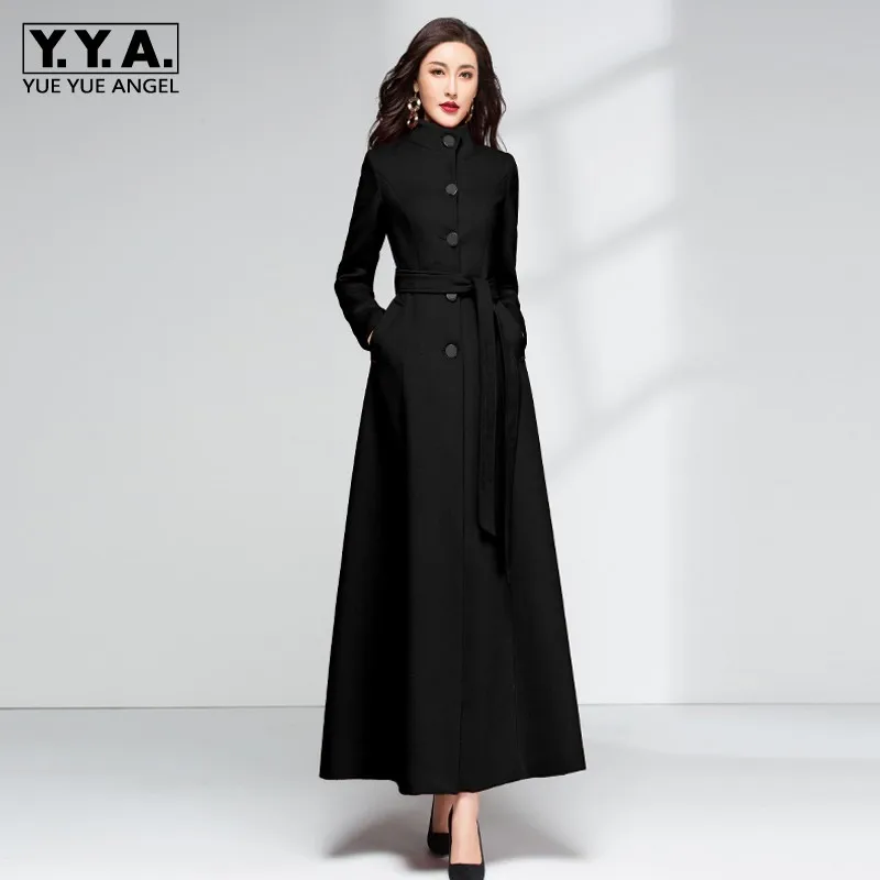 Winter New Fashion Cashmere Coat Warm Long Slim O-Neck Vintage Single Breasted Pockets Sashes Office Lady Womens Outerwear