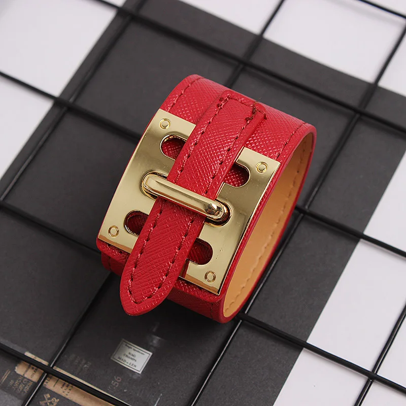 Top Quality 10 Colors Wide Cowhide Leather Gold Plated Stainless Steel Bracelets Bangle For Men Women Fashion Jewelry