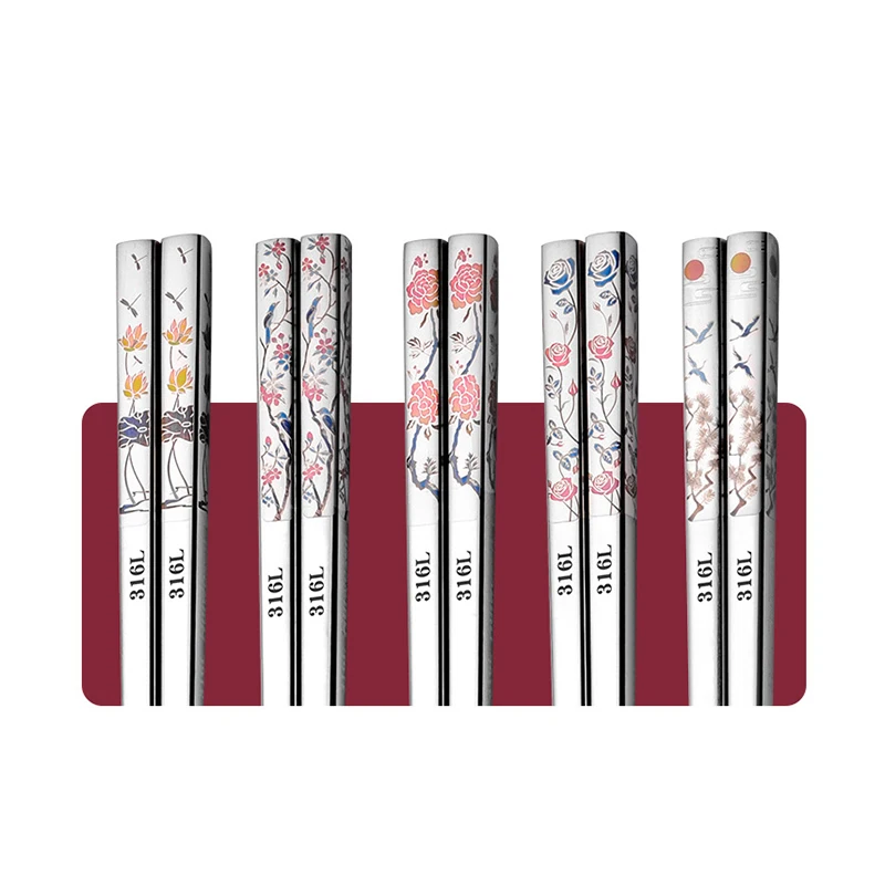 1 Pair 316L Stainless Steel Chopsticks Cherry Blossom Tableware Kitchen Dining Bar Home Garden Chinese Chopstick Holder Set