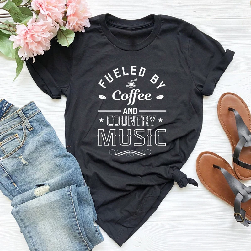 

Fueled By Coffee And Country Music T-shirt Funny Unisex Coffee Lover Gift Tshirt Casual Women Graphic Rocker Grunge Tops Tees