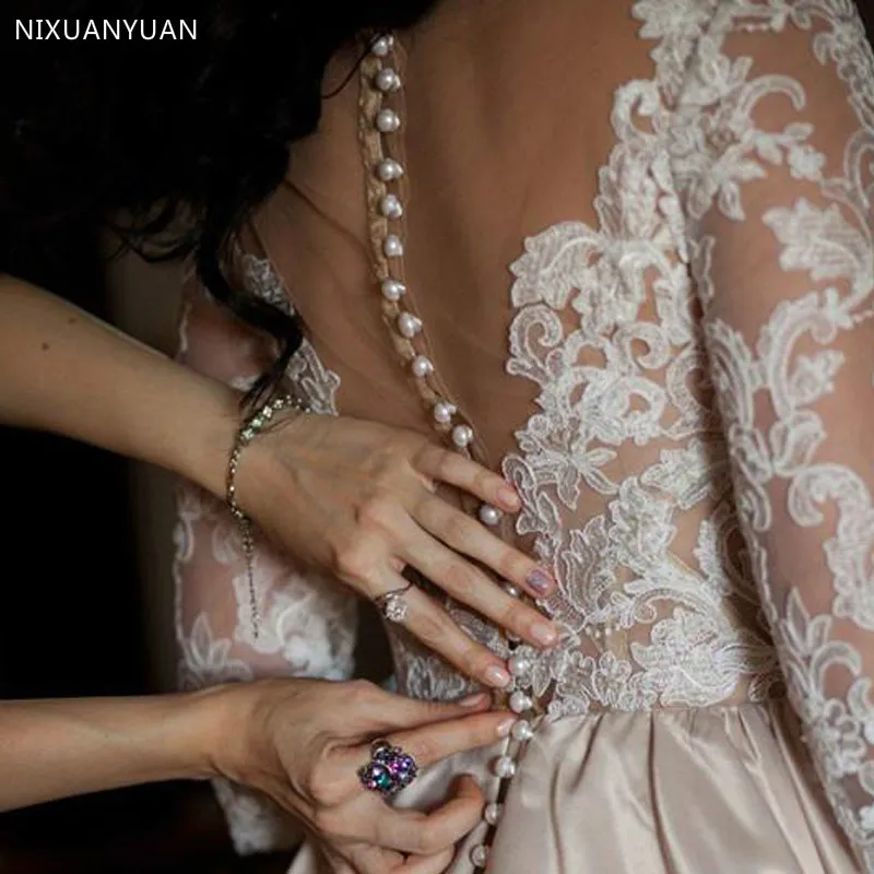 Robe De mariée trapèze en dentelle, grande taille, demi-manches, boutons au dos avec poche, en Satin, 2021