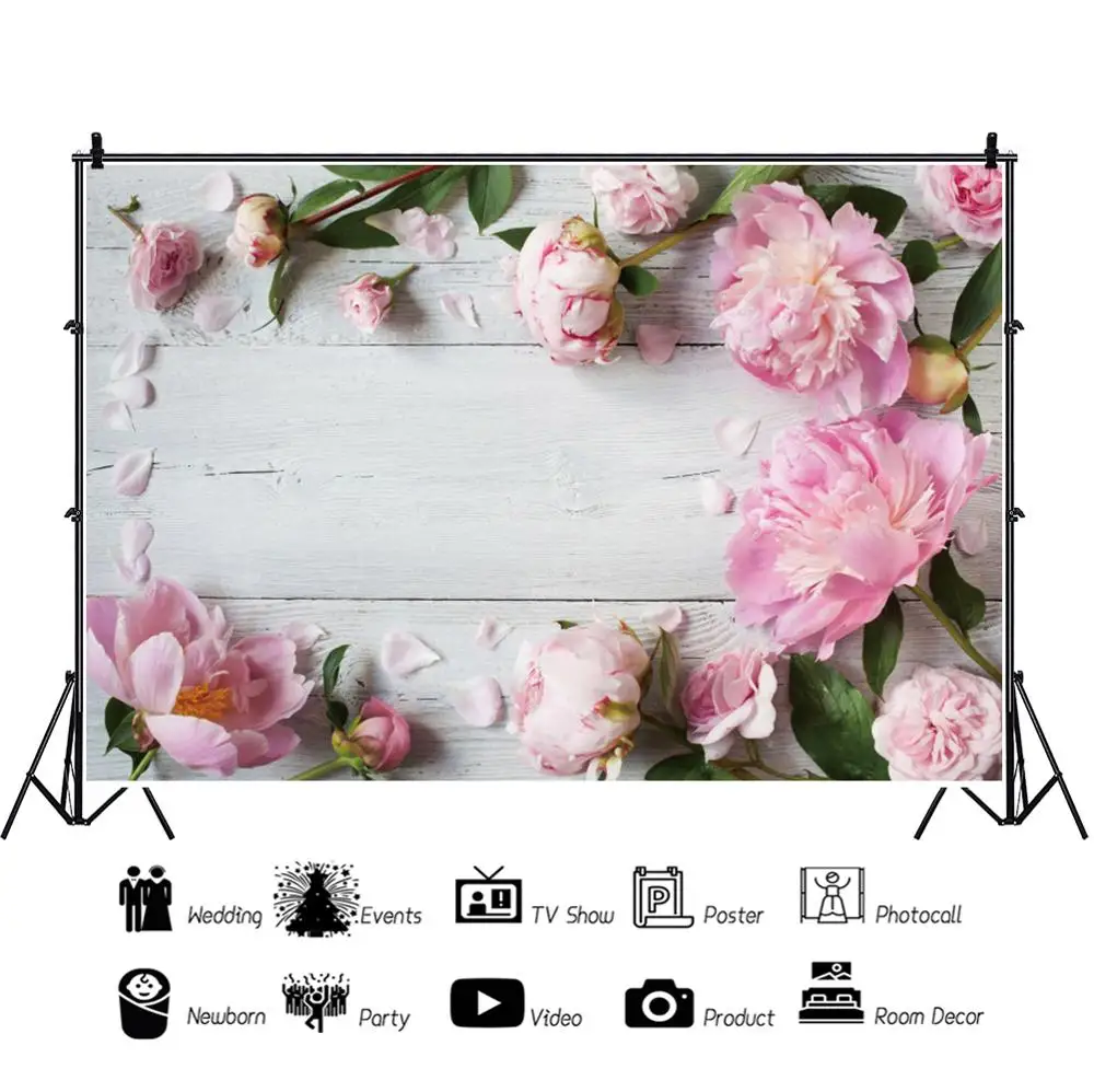อีสเตอร์ฤดูใบไม้ผลิดอกไม้สีชมพูสีขาวไม้กระดานทารกแรกเกิดวันเกิดการถ่ายภาพฉากหลังพื้นหลังไวนิลPhotophone Photocall Prop