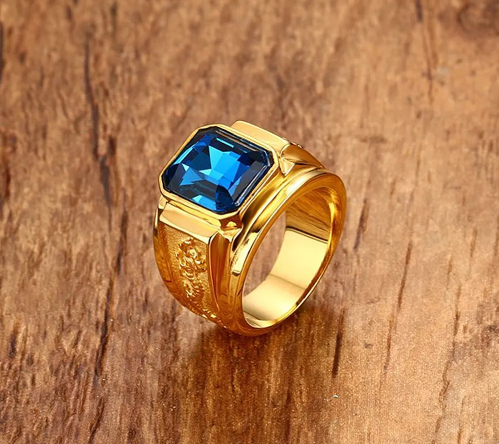 Sapphire ruby gemstones blue red zircon diamonds rings for men 18k gold tone stainless steel dragon jewelry bijoux fashion gift