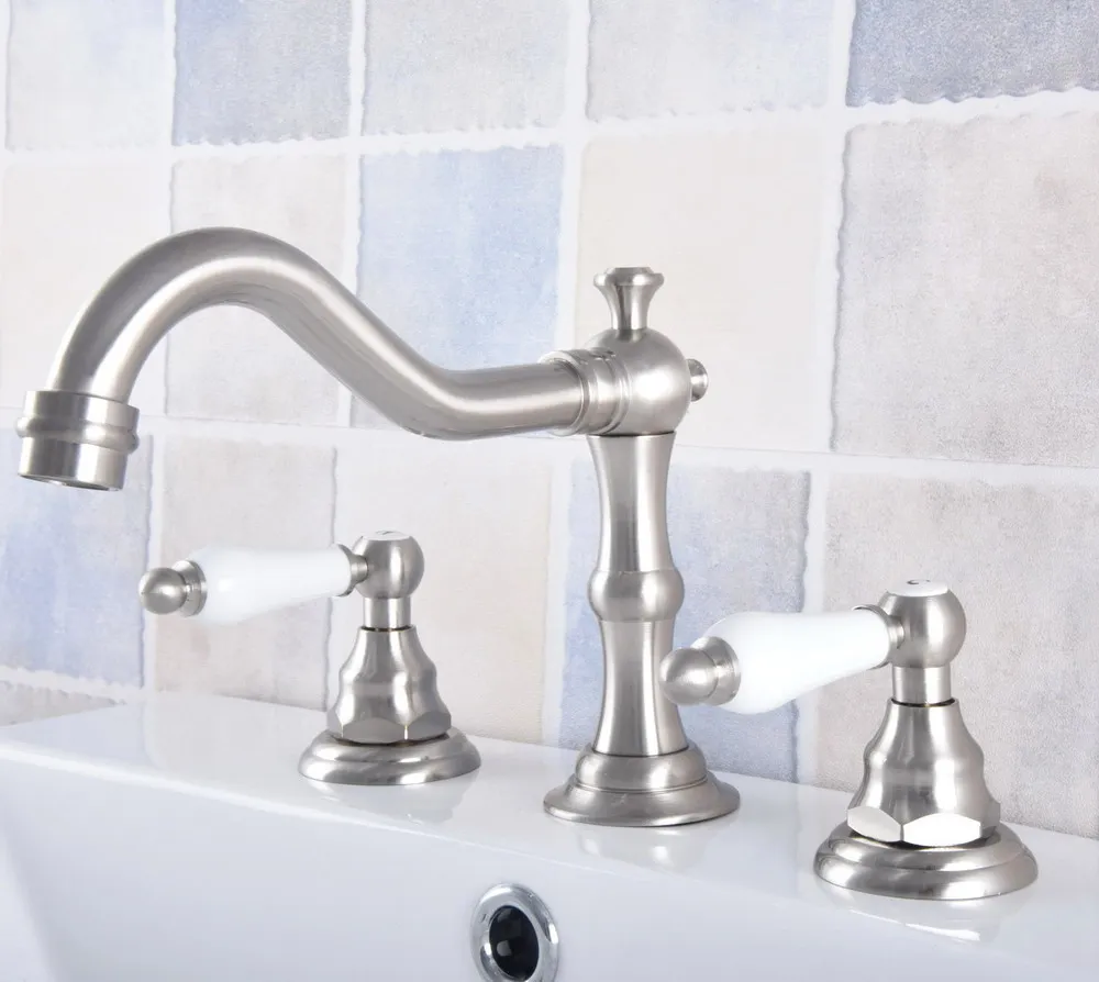 

Brushed Nickel Brass Deck Mounted Dual Handles Widespread Bathroom 3 Holes Basin Faucet Mixer Water Taps mnf688