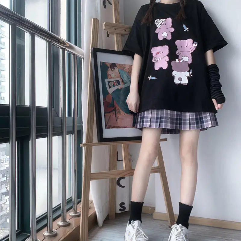 Cute Cartoon Clothes Loose Oversize Women T-shirt Punk Grunge Streetwear Black Top Harajuku Vintage Dropshipping Short Sleeve