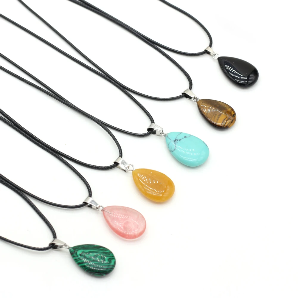 Drop Shape Natural Stones Necklace Crystal Rose Quartz Turquoise Tiger Eye Agate Malachite Pendant Neck Chain for Women Jewelry