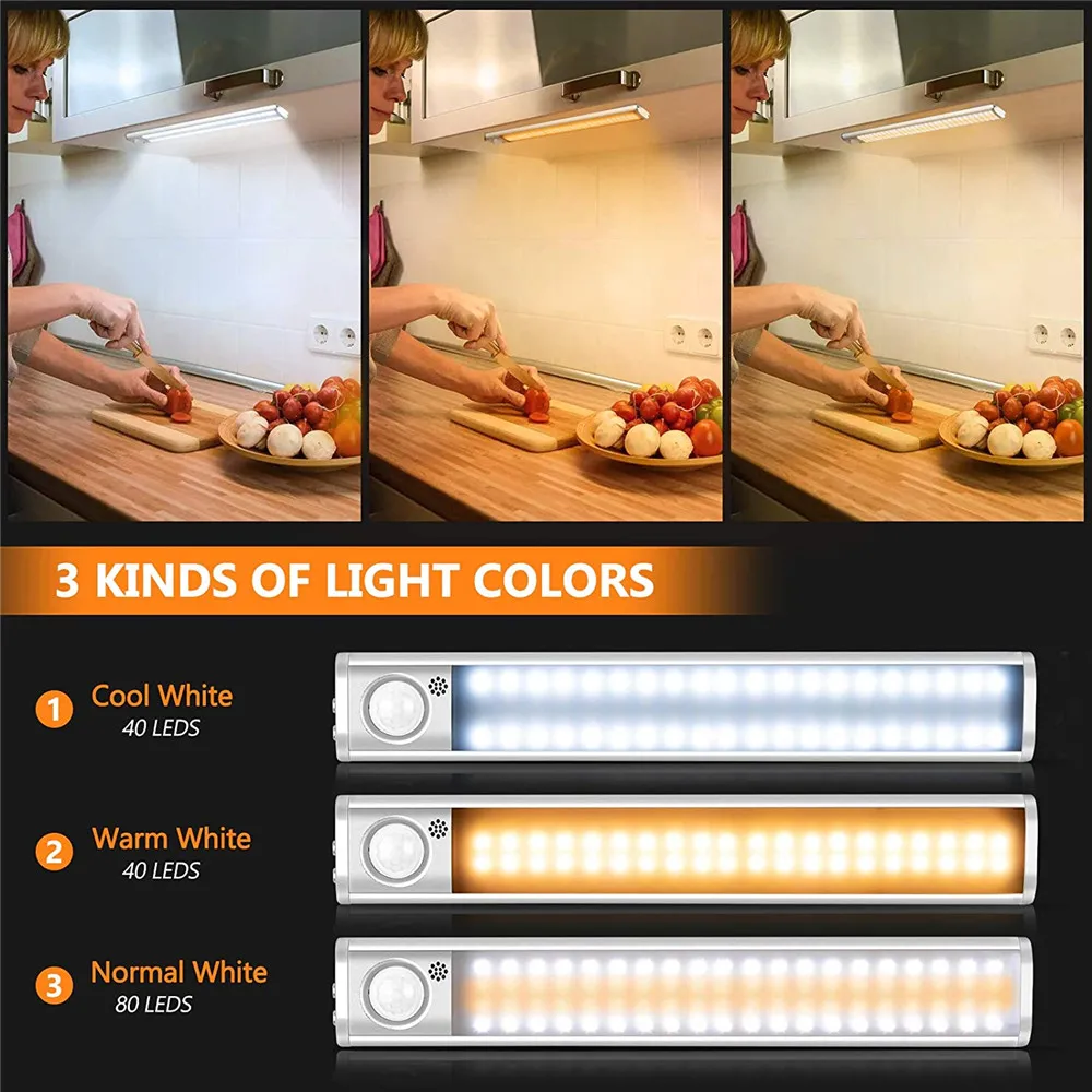 30/40cm Night Light Motion Sensor Light USB Rechargeable Magnetic LED Under Cabinet Lamp Wardrobe Closet Kitchen LED Lighting