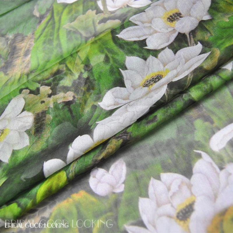 

Silk Chiffon Fabric Dress White Lotus Green 100% Real Spring Summer Thin Dress Cloth DIY Sewing Tissue