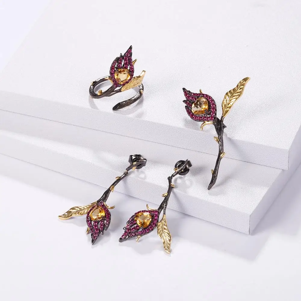 GEM\'S BALLET Natural Garnet Gemstone Brooches For Women Jewelry Black &18k Gold Over 925 Silver Handmade Heart Burnt in Love