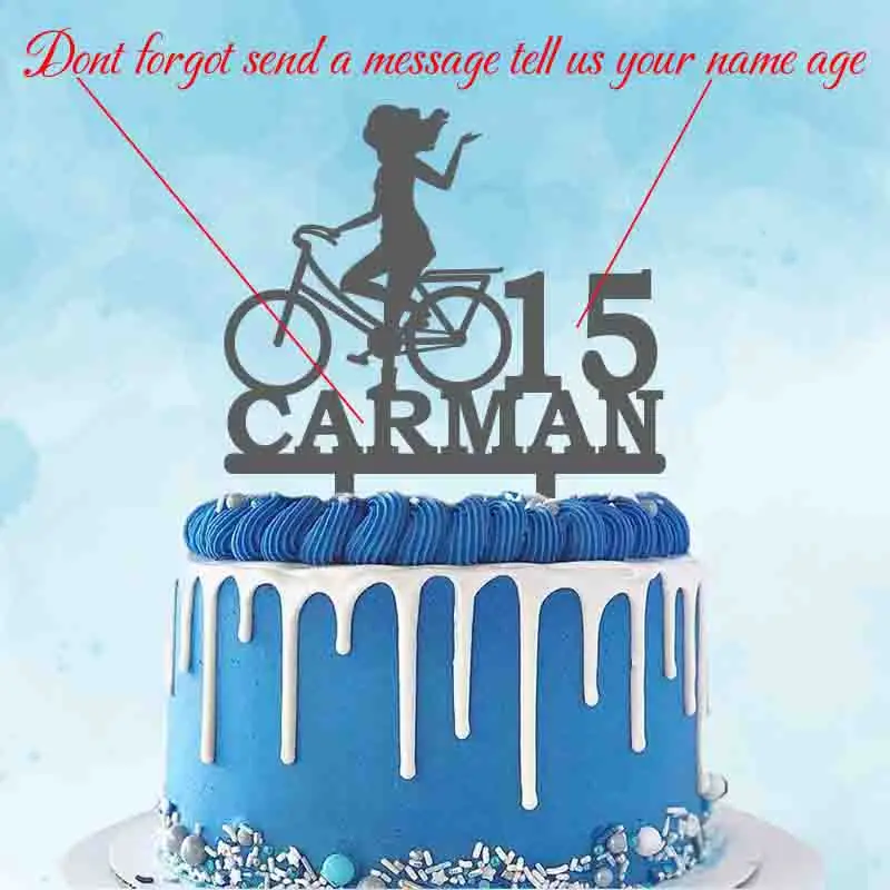 Girl Cycling Cake Topper Custom Name Age Woman Riding Bicycle For Cycling Fans Birthday Party Cake Decoration Topper YC145