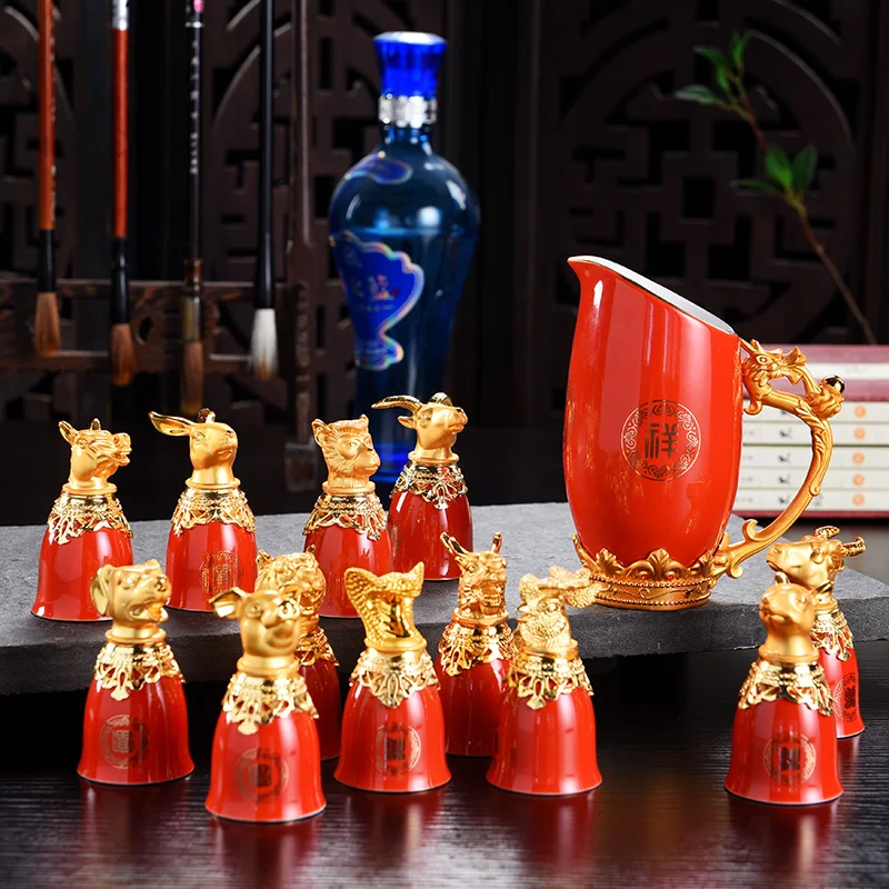 Luxury Chinese Zodiac Wine  Chinese set  Creative Antique Ceramic Distillers Hip flask Wine Cup Set Gift Box Combination 13 PCS