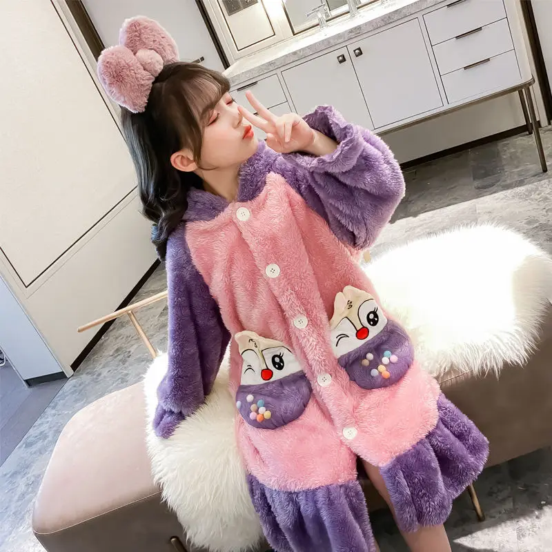 Autumn Winter Warm Flannel Bathrobe Girls Sleepwear Home Clothing Kids Clothes Girls Pajamas Hooded Cartoon Robe Princess Style