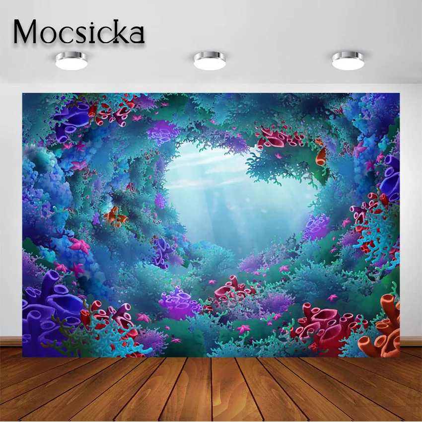 Mocsicka Under The Sea Backdrop Little Mermaid Coral Bush Background for Baby Shower Birthday Party Ocean Cake Table Banner