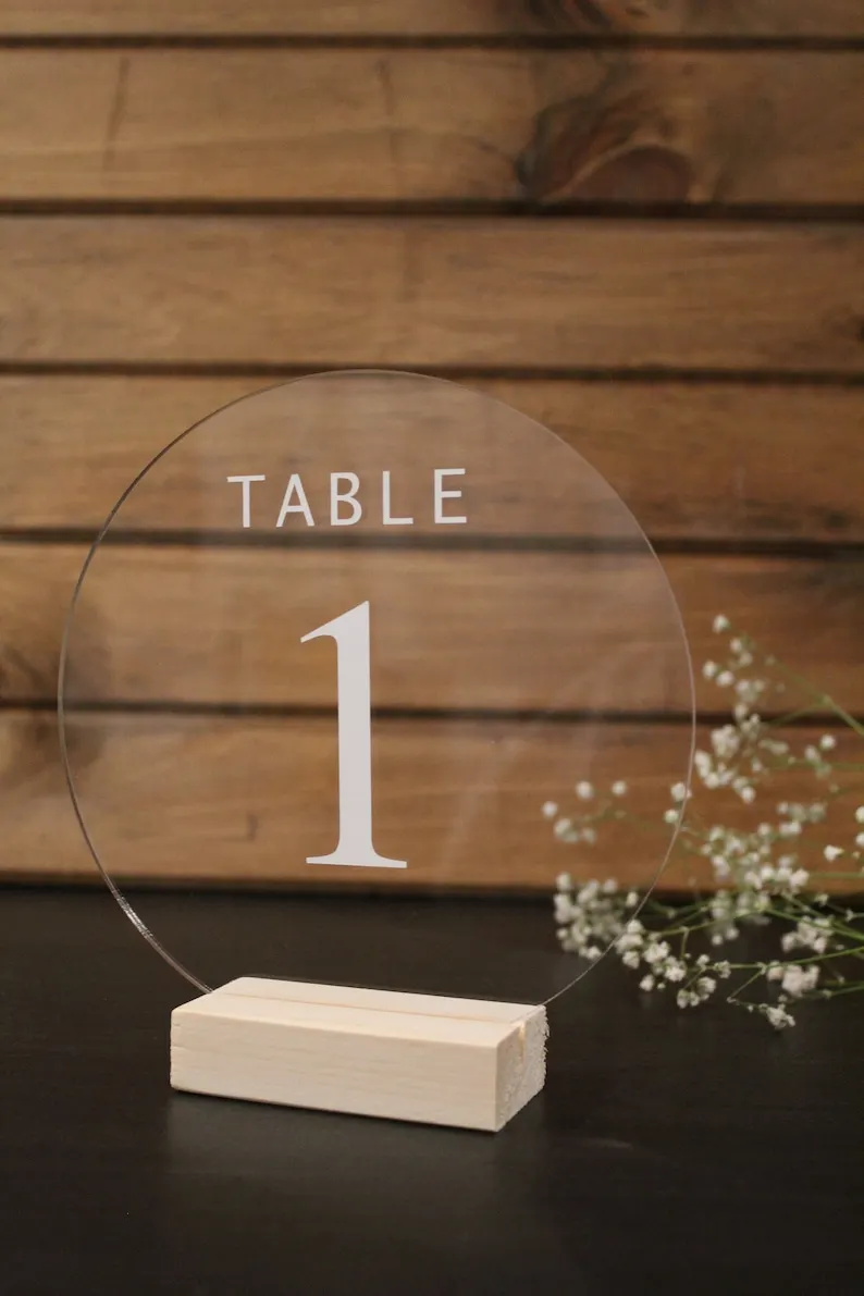 Circle Acrylic Table Numbers with Wooden Base. Wedding Table Numbers. Event Table Numbers. Perspex Table Number