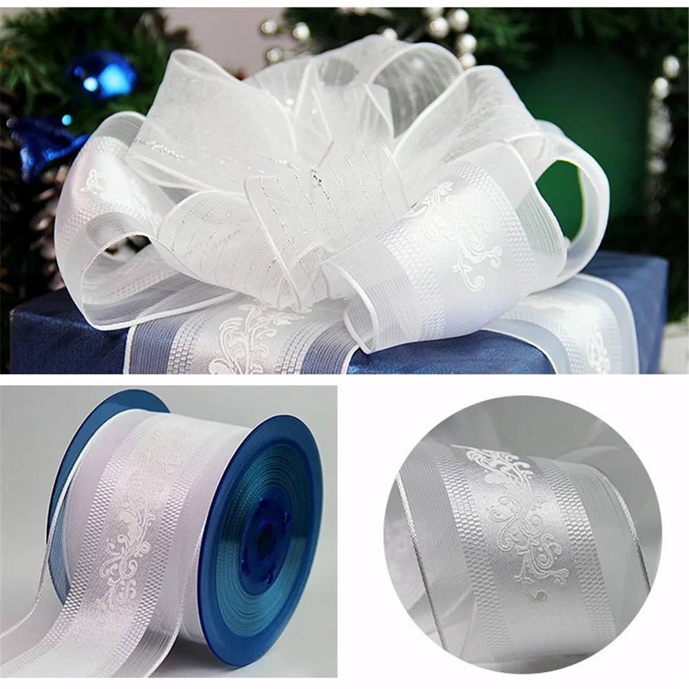 63MM X 25 Yards White Organza With Flower Printing Wire Edge Ribbon for Birthday Decoration Gift Wrapping 2-1/2