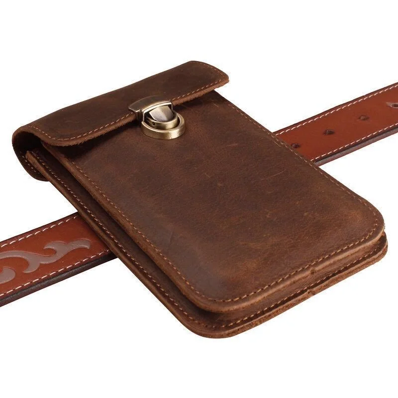 General Phone Bag Luxury Genuine Leather Waist BagPouch Vintage Phone Case Mens Belt Bag Loop Holster for IPhone Samsung Huawei