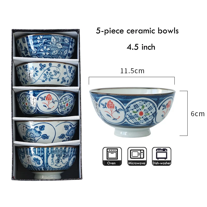 Set of 5pcs Ceramic Bowl Japanese Rice Bowl Blue Porcelain Oatmeal Bowl Dinnerware Set 4.5 inch