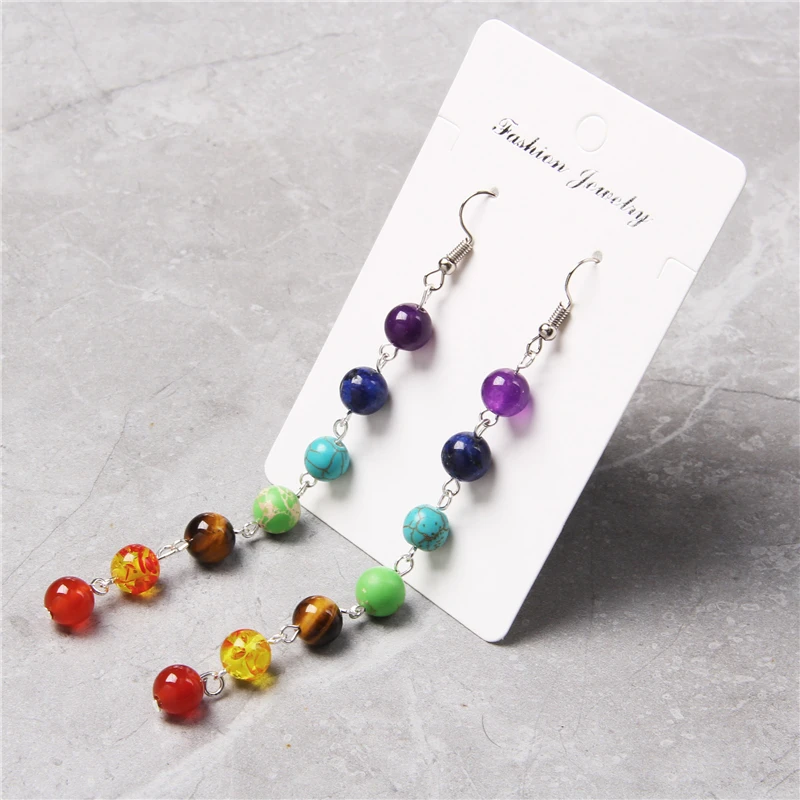 Rainbow Round Natural Stone Earrings 7 Chakra Earrings Women Long Fringed Statement Beads Earring Reiki Healing Jewelry Gifts