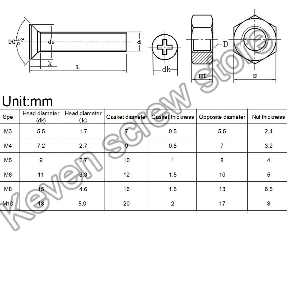 5 Set M3 M4 Copper Countersunk Head Cross Screw Nut Set Outer Hexagon Nut Washer Spring Washer Combination M3x8 M3x16 M4x8 M4x30