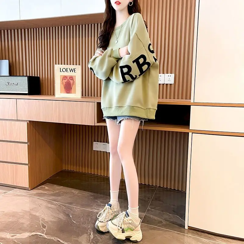 Waffle Pullover Womens Pullover Korean Loose Thin Mid-length Sweatshirt Women Fahion Tops Long-sleeved Tshirt Early Autumn 2024