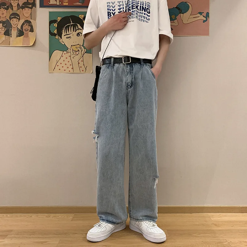 ICCLEK Men's Wide Leg Jeans Autumn Thin Men's Pants Loose Straight Pants Black Ripped Jeans  Men Jeans  Jeans