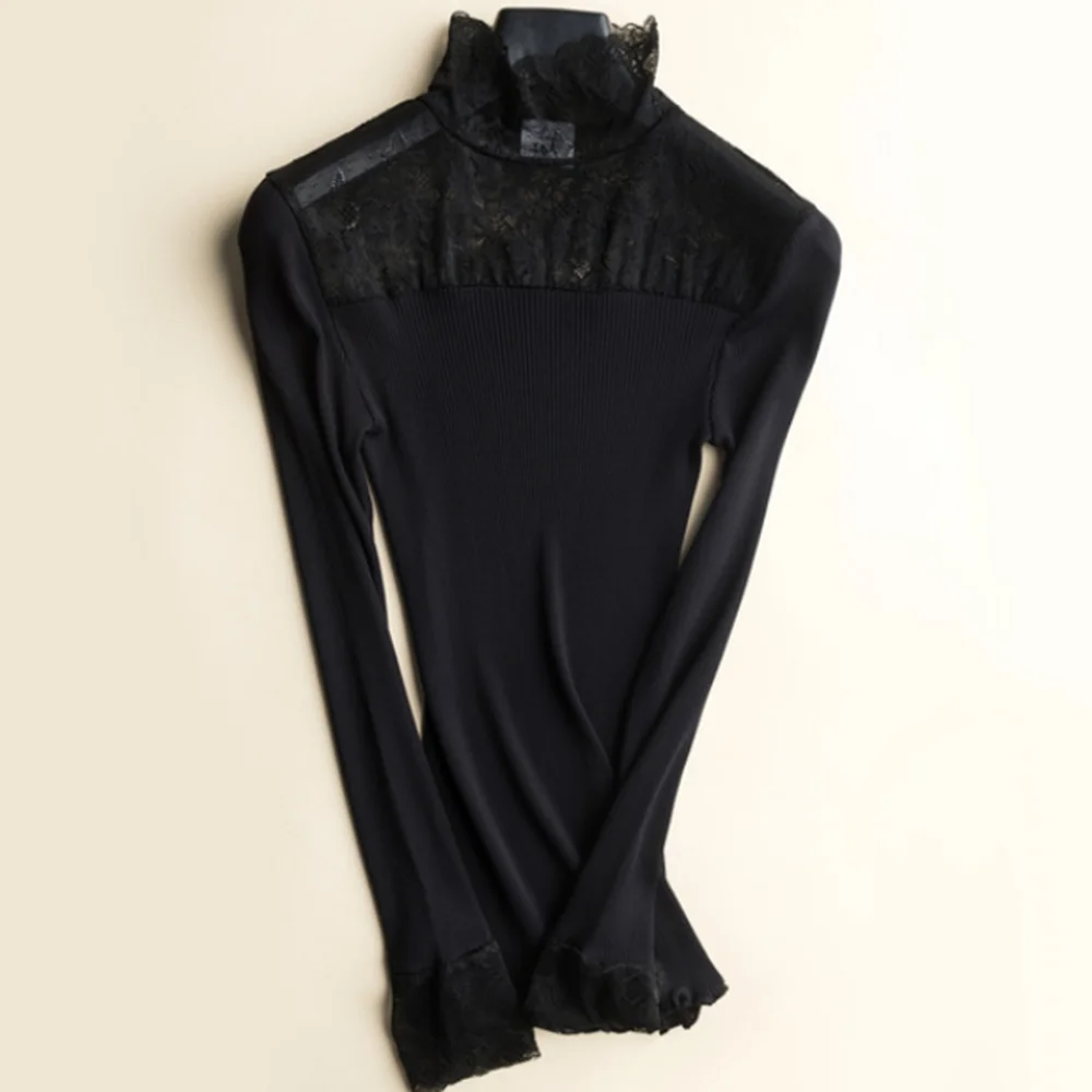 seda de encaje 2023 moda top manga larga ropa de blusa mujer suéteres camisas tops blusas jerseys jersey cuello alto invierno sueter camiseta