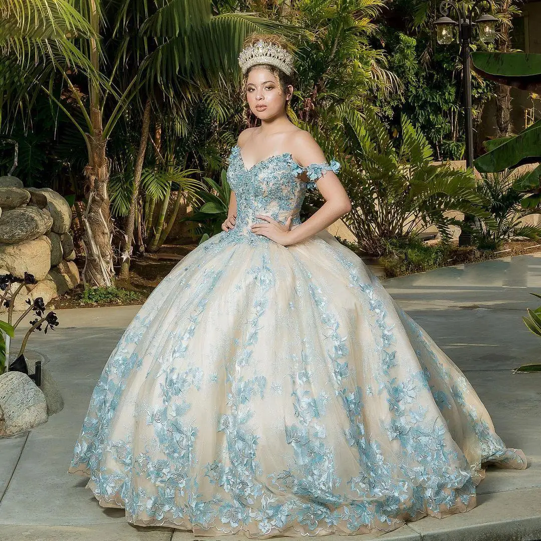 Off the Shoulder Champagne Quinceanera Dresses with Blue Lace for 15 Year Ball Gown Sexy Sweetheart for Formal Girls Debut Dress