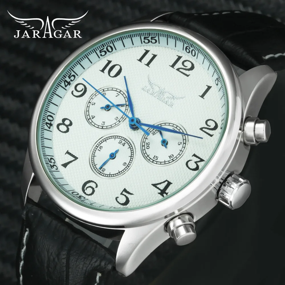 JARAGAR classico quadrante bianco lancette blu Mens orologi da polso meccanici automatici uomo giorno data 24 ore cinturino in vera pelle orologi da