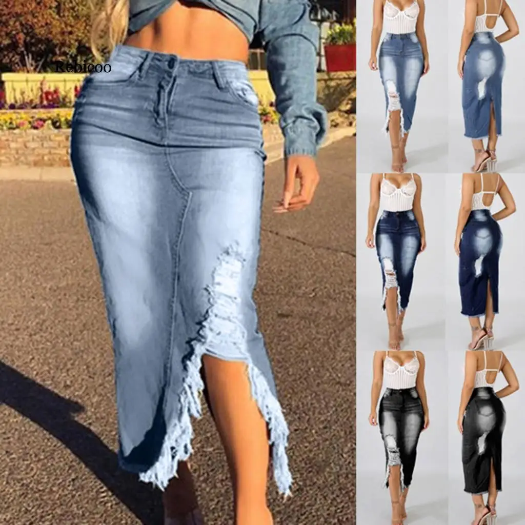 

Fashion Ripped Destroyed Denim Skirts Womens High Waist Pencil Long Skirt Elegant Skirt S-5XL Faldas Mujer Moda