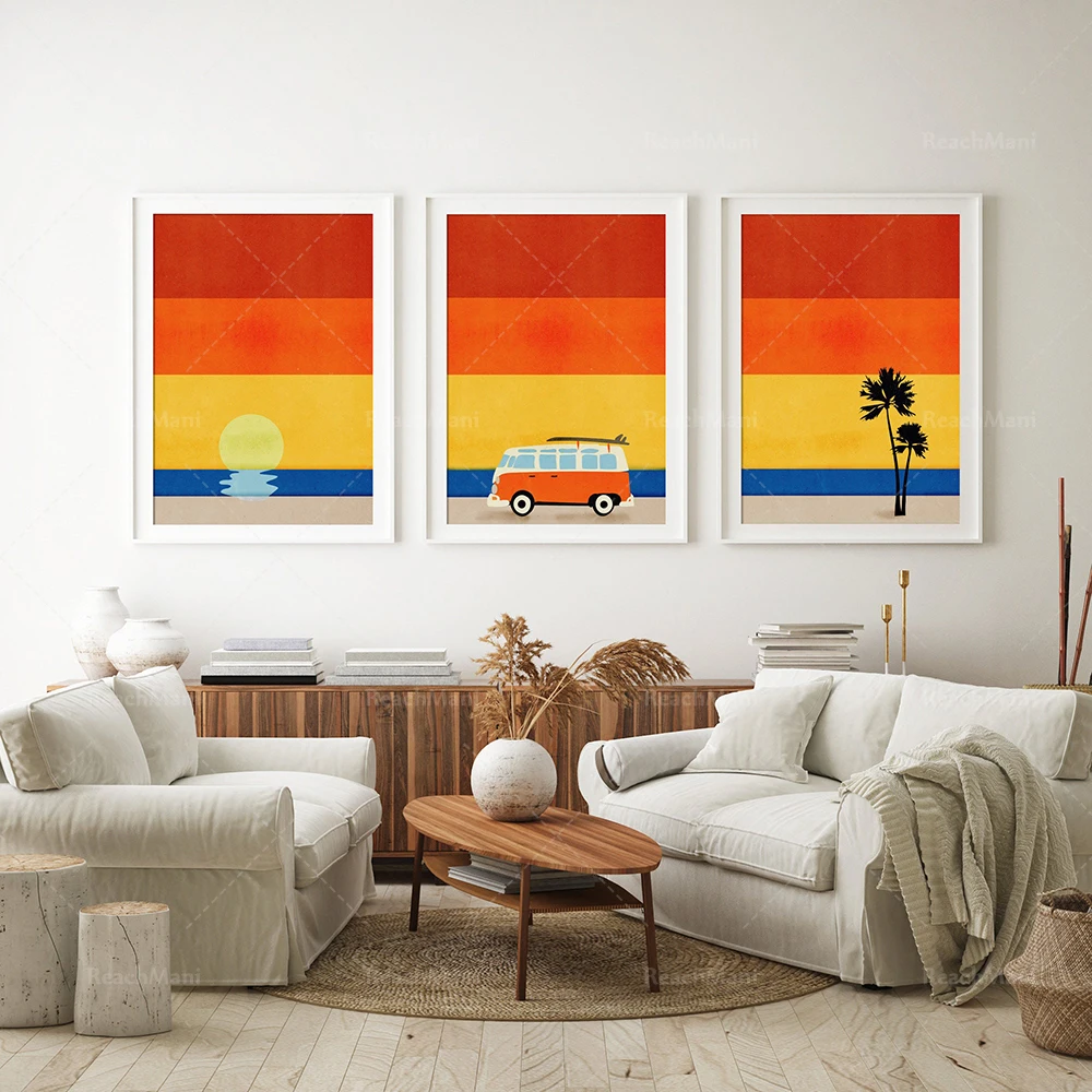 Vacation summer prints, retro camper van posters, colorful tropical paradise art travel adventure prints palm tree posters