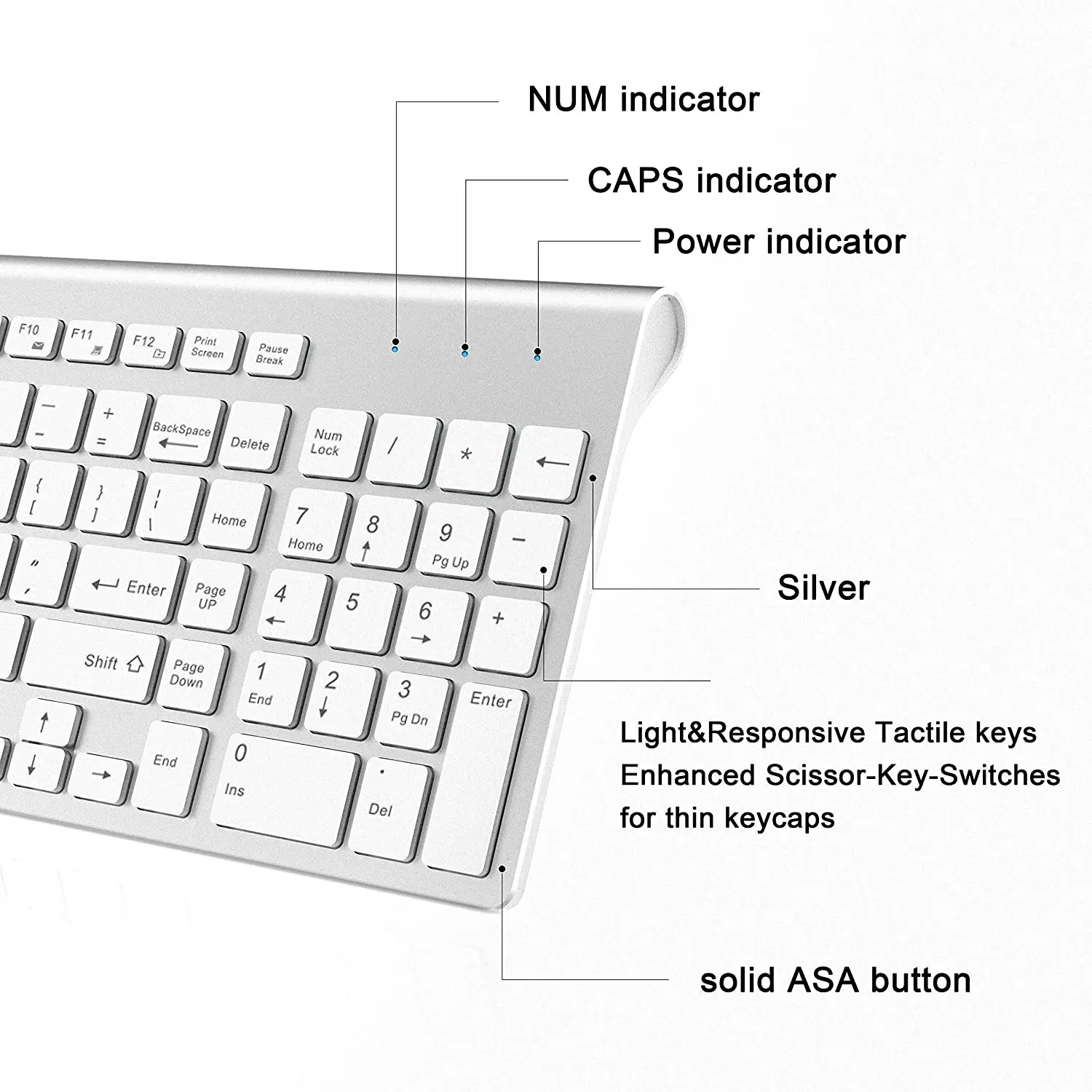 Bezprzewodowa mysz z klawiaturą, pełny wymiar z klawiszami numerycznymi. Kompatybilny z komputerem IMac Mac PC Laptop Tablet komputer Windows (srebrno-biały)