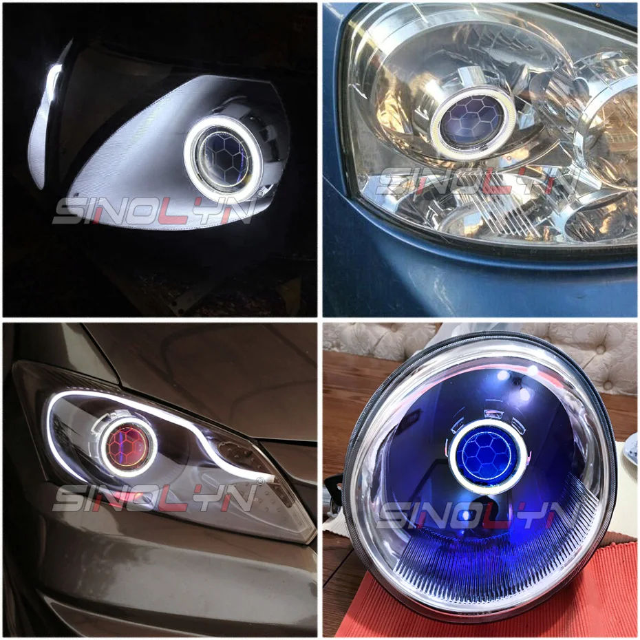Sinolyn Bi Xenon Headlight Lenses 2.5 Angel Eyes Honeycomb For H4/H7 Car Headlight With LED Devil Eyes DRL Tuning H1 WST Lens