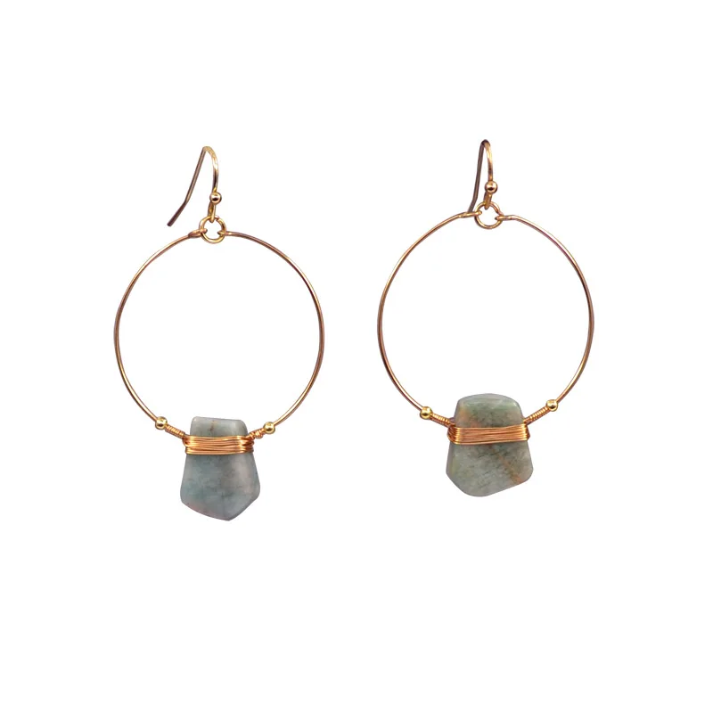 Fashion Women Jewelry Handmade Round Copper Wire Natural Green Stone Drop Earrings