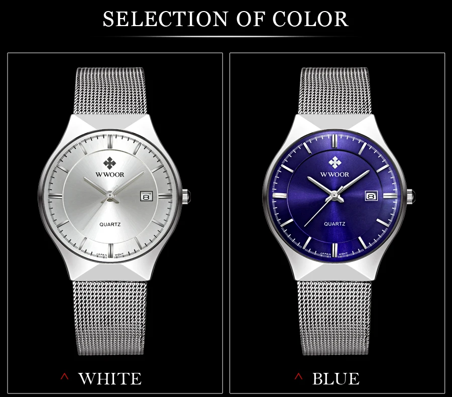 WWOOR Silver Men Watches with Mesh Steel Top Brand Luxury Ultra Thin Quartz Waterproof Date Business Wristwatch Box Montre Homme