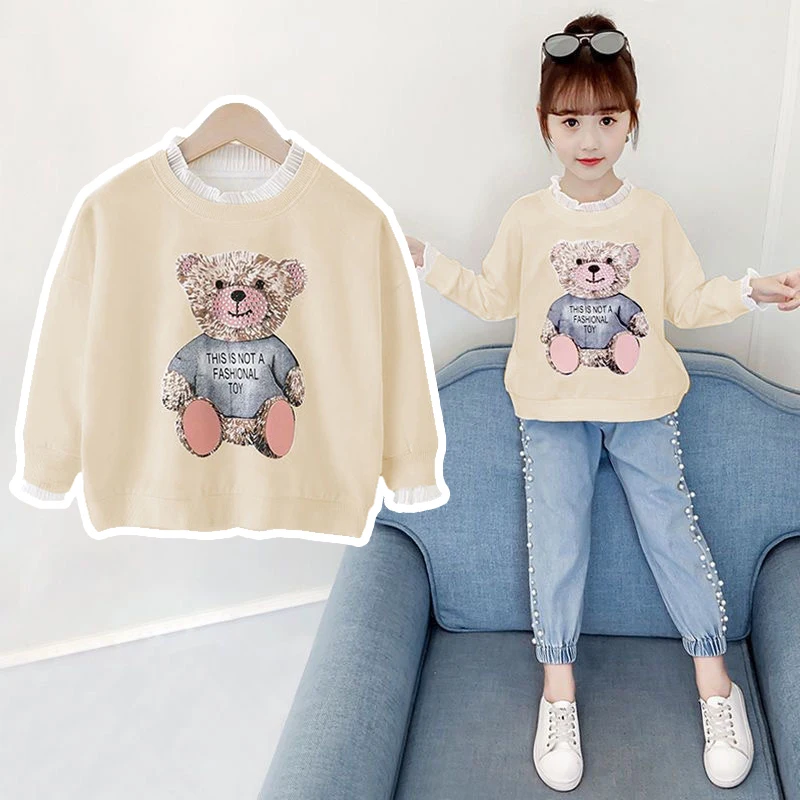 Spring Autumn Girls Sweatshirt New Girls Tops Cute Bear Sweet Ruffled Teen Coat 3 4 5 6 7 8 9 10 11 12 Years Children's Clothing