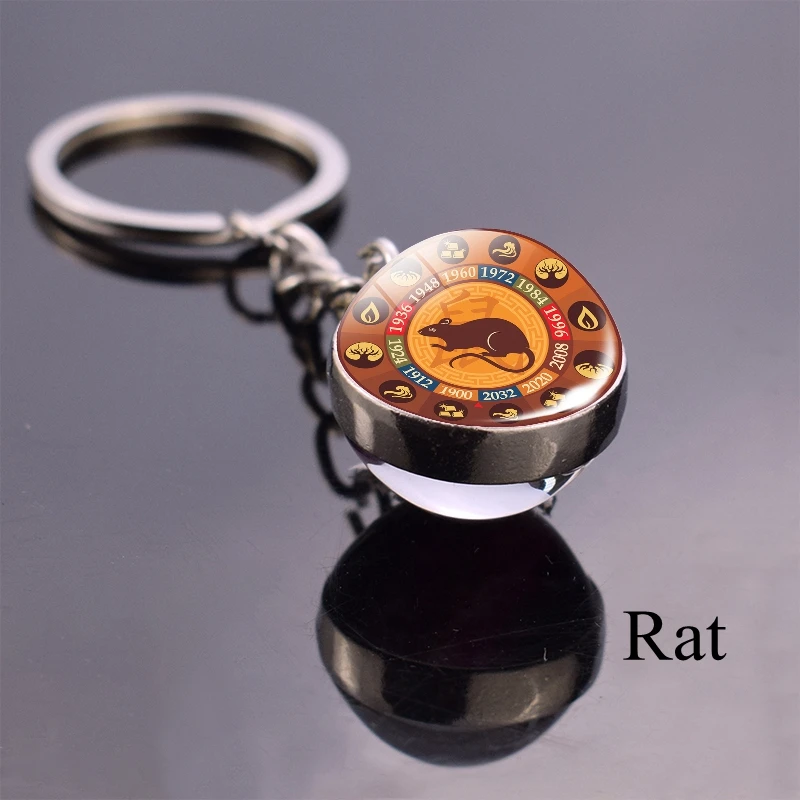 Chinese Zodiac Animal Keychain Rat Ox Tiger Rabbit Dragon Glass Ball Keychain Amulet Zodiac Key Chain Ring Keyfob Gift